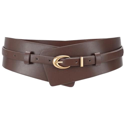 Image of WHIPPY Wide Waist Belts for Women Dresses Fashion Ladies Leather Belt 2-in-1 Wide Waistband with Skinny Belt for Suits, Coffee L, Fit waist size 34-37"