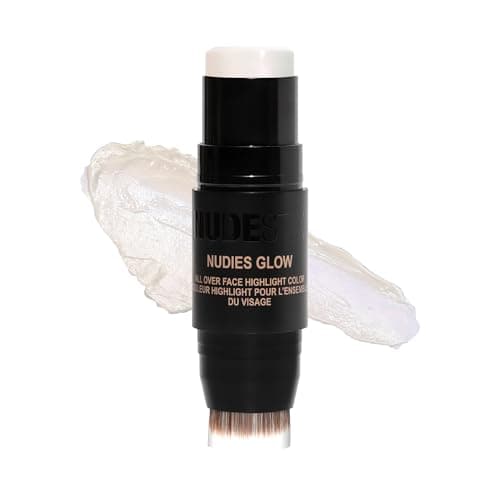 Image of NudeStix Nudies Glow Highlighter Stick w/Blending Brush, Dewy Cream Makeup for Cheeks, Eyes, Lips, Soft Metallic Glowy Face Color and Contour, 0.28 oz (8g) (Illumi-Naughty)