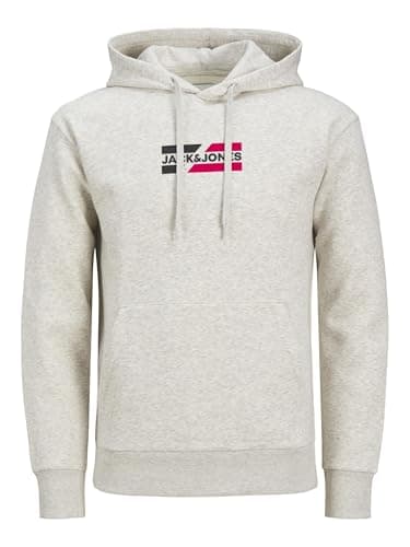 Image of JACK & JONES Mens Hoodies with Pocket, Drawstring Hooded Sweatshirt For Men, White Melange Colour, UK Size - M