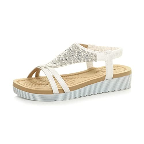Image of Ajvani Womens Ladies Low Wedge Heel Flatform Diamante t-bar Slingback Sandals , 9 UK, White