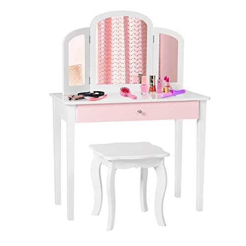 Image of COSTWAY Kids Dressing Table with Mirror and Stool, Girls Vanity Set with Drawer, Detachable Top, Princess Pretend Makeup Play Tables for Playroom Bedroom (White)