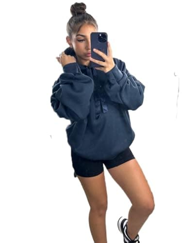 Image of STAR FASHION Womens Oversized Knitted Ruched Sleeve Ribbon Hoodie Ladies Warm Knitwear Hooded Jumper Top Sweatshirt with a Hood Cosy Winter Fall Navy 8-14