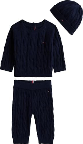 Image of Tommy Hilfiger Newborn Cable Sweater Beanie Giftbox KN0KN02080 Set, BLUE, 24 Month