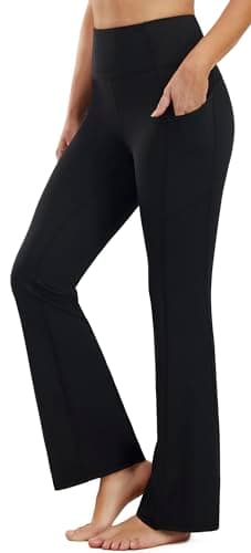 Image of PERSIT Bootcut Yoga Pants for Women High Waist Flared Leggings with Pockets Wide Leg Bottom Bootleg Workout Gym Casual Flare Womens Work Trousers UK - 29 Inches Black M