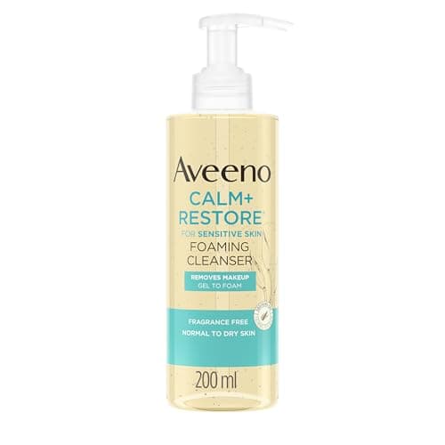 Image of Aveeno Face CALM+RESTORE Foaming Cleanser, Removes Makeup + Waterproof Mascara, Gel to Foam, For Sensitive Skin, Fragrance Free 200ml