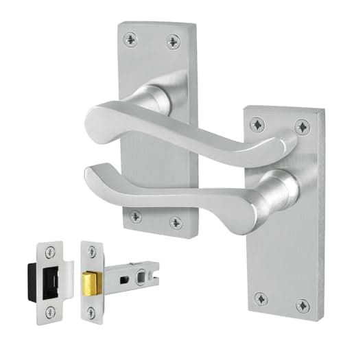 Image of EAI Satin Victorian Scroll Latch Handle Set, 1 Pair Satin Chrome Internal Lever Door Handles on Backplate and Latch 64mm