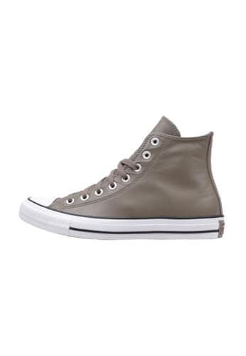 Image of Converse Unisex-Adult Chuck Taylor All Star Leather High Top Sneaker, Classic Taupe/Dark Matter, 10.5 Women/8.5 Men