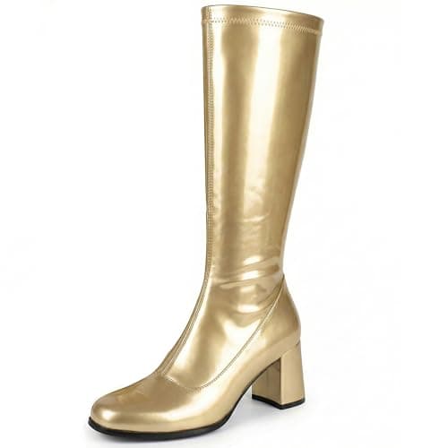 Image of AYZAL Women’s Ladies Fancy Dress 1960'S 70'S Knee high Go Go Boots Retro Block Heel Girls boots (Gold, UK Footwear Size System, Adult, Women, Numeric, Medium, 7)