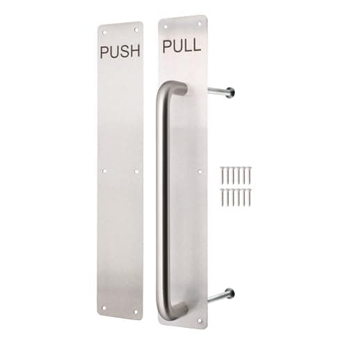 Image of EAI Satin Push Pull Handle on Plate, 475 x 75mm Commercial Handle on Finger Plate Satin Stainless for Schools, Offices, Shops & More