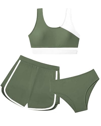 Image of Xumplo Girls 3 Piece Bikini Set Young Kids Color Block Swimming Costume with Shorts Bathing Suit Tweens Surfing Swimwear 7-8 Years Green