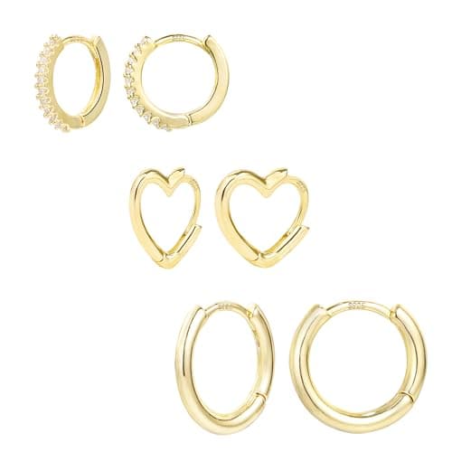 Image of ALEXCRAFT 3 Pairs 14K Gold Plated Small Hoop Earrings With Heart Design - Hypoallergenic Gold Huggie Hoops for Women & Men