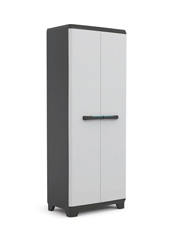 Image of Keter Linear Plastic Tall Cabinet, Light Grey/Black/Blue, 68 x 39 x 173 cm