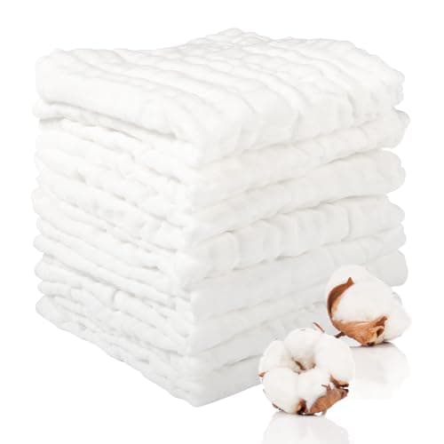 Image of Lanjue 8 Pcs Muslin Cloths for Baby, 12x12 Inch Cotton Muslin Squares 6-layer Soft Thickening Fabric, Reusable Burp Cloth with High Absorbency for Baby Bibs, Mouth Wipes, Face Wash Cloths(White)
