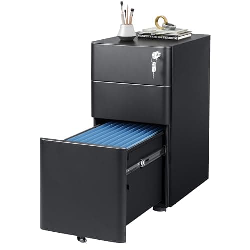 Image of DEVAISE 3 Drawer Filing Cabinet, Lockable File Cabinet Metal Under Desk Storage Fits Letter/Legal/A4 Size for Home Office, Balck