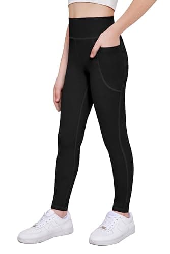 Image of Arshiner Girls Leggings Black Kids Sports Leggings Plain High Waist Sports Trousers Basic Elastic Pants Jogging Training Yoga Trousers with Pockets 5-6 Years