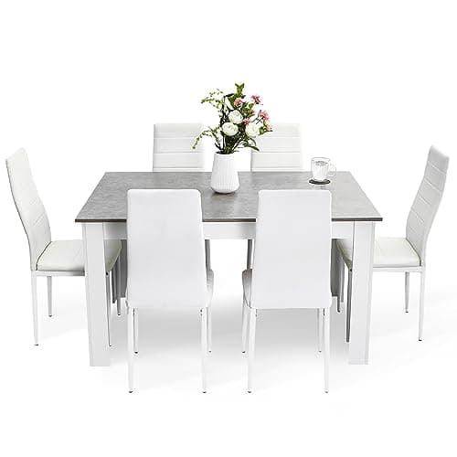 Image of Mondeer Dining Table and Chairs Set 6, Dining Room Sets High Back Faux Leather Chair, for Kitchen Home Office, 138 x 90 x 75 cm, Grey Table White Chairs