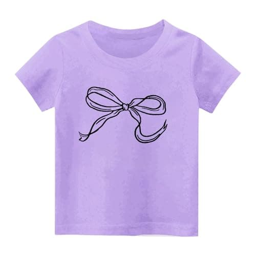 Image of duxyoz Girl's Cotton T Shirts Short Sleeve Round Neck Tee Tops Casual Summer Top Graphic Bow Print T-Shirt Classic Loose Fit Crewneck Cute Preppy Clothes Soft Comfy Fashion Daily Wear 9-10 Years