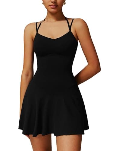 Image of OMEWEE Women's Tennis Dress with Shorts and Built in Bra Sweetheart Neck Sleeveless Golf Dress Activewear Exercise Sports Dresses with Pockets Black M