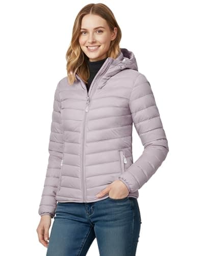 Image of 33,000ft Women's Lightweight Puffer Jacket Water Repellent Warm Packable Quilted Coat with Hood Ladies Transitional Padded Lined Jacket for Hiking Climbing Greyish-pink M