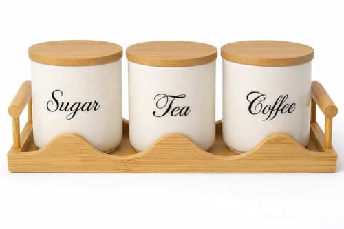 Image of JRose Collections Tea Coffee Sugar Canister Set with Bamboo Tray, 3 Piece Ceramic Storage Jars with Airtight Wooden Lids, Kitchen Countertop Organiser, Modern Coffee Station Storage 35cm JR5004