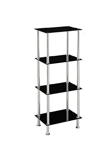Image of Modernique Glass Shelf Tier Storage Unit, Rectangular Shape in Black or Clear Glass with Chrome Stand, Shelving Unit (Black, Tier 4)