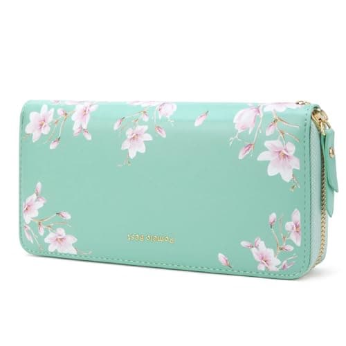 Image of Pomelo Best Womens Purse Large Embossed Flower Zip Wallet with Wrist Strap and RFID Blocker (Light Blue)