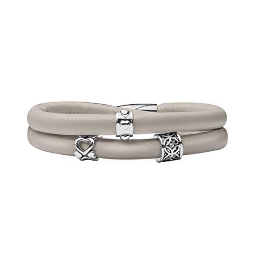 Image of Quiges Women Leather Wrap Bracelet Grey Beige 40cm with Charm Beads Silver Plated Stainless Steel Magnetic Lock