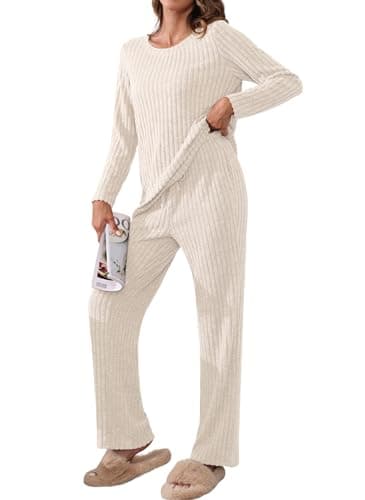 Image of TIANZHU Ladies Pajamas Set Nightwear Loungewear Outfit Soft Ribbed Homewear Pyjama Set with Wide Leg Trousers 2 Piece Set, Apricot, Size 12-14