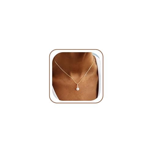 Image of TINGN 14K Gold Plated Pearl Necklaces for Women Elegant Gold Tone Necklaces Dainty CZ Lined Round Pearl Pendant Necklace Choker Necklace Jewellery Gift for Women Girls
