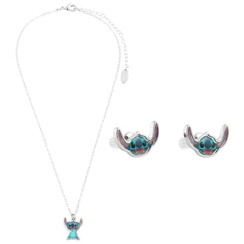 Image of Disney Stitch Girls Jewellery Set, Friendship Necklace Earrings Bracelet Rings - Stitch Gifts (Silver Stitch)
