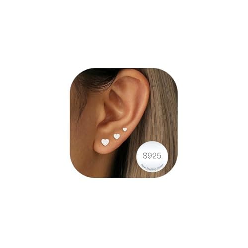 Image of DORANA 3 Pairs 925 Sterling Silver Stud Earrings for Women Hypoallergenic Silver Studs Earrings Dainty Small Heart Stud Earring Tiny Cute Earring Set for Multiple Piercings