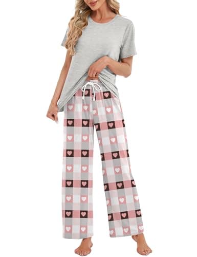 Image of Rapbin Womens Pyjamas Set Ladies Pjs Soft Loungewear Short Sleeve Tops and Plaid Pyjama Bottoms Co ord Sets Checked Pjs Pants with Pockets Drawstring Grey and Pink Check S