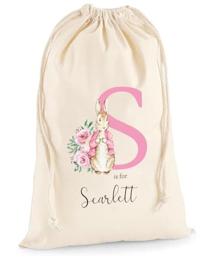Image of Personalised Gift Bag - Custom Name Beatrix Rabbit Drawstring Sack - Personalise Name Kids Children's Cotton Canvas Easter Birthday Christening Present Treat - Canvas XL 49.5 x 75cm