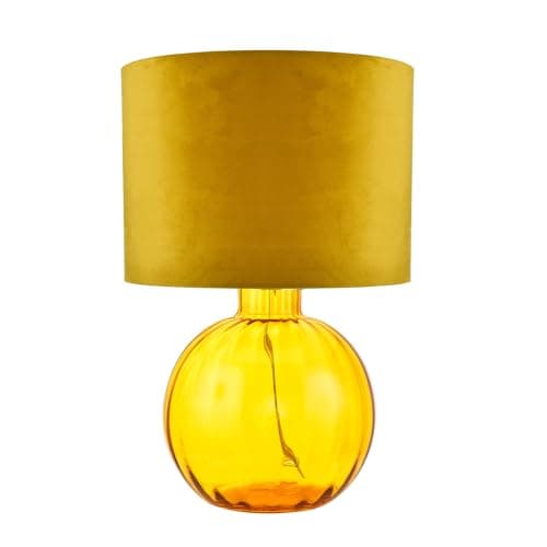 Image of Happy Homewares Contemporary Designer Light Ochre Ribbed Glass Round Table Lamp with Mustard Velvet Fabric Drum Shade | 1 x E27 60w Maximum | 42cm Height