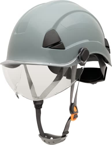 Image of Honeywell Fibre Metal Safety Helmet with Visor, Hard Hat for Construction, Non-Vented, 4-point buckle chinstrap, 6-point ratchet suspension, Resistant to extreme temperatures, Grey, FSH10009E