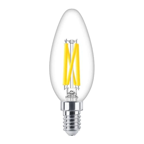 Image of Philips Master LED Candle 5.9 (60W) E14 927 B35 Clear Glass DimTone, 806lm, Dimmable Warm Glow 2200K–2700K, High CRI Decorative Candle Light Bulb UK