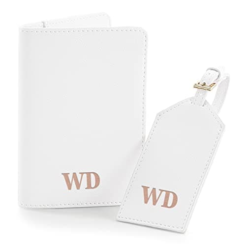Image of Prisée Personalised Initial Passport Holder and Luggage Tag Set - Suitcase Label for Travel Baggage Travel Gift Set for Him Her Matching Couples, White