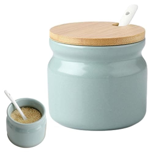 Image of JASOLYI Ceramic Sugar Bowl, Porcelain Sugar Pot with lid and Spoon, 300ml/10.56oz Seasoning Storage Jar Salt Pot Salt Container for Coffee Bar, Home Kitchen(Green)
