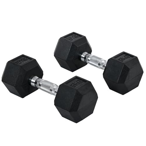 Image of HOMCOM 2x8kg Rubber Hex Dumbbell Set Anti-Rolling Free Weights Dumbbells Pair with Knurled Grip for Home Gym Strength Training Exercise