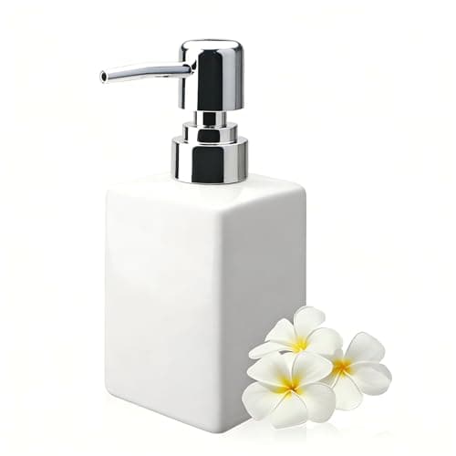 Image of White Ceramic Soap Dispenser - 320ml/11oz Square Design with Long Spout & Rustproof Pump, Refillable for Shampoo/Liquid Soap, Bathroom & Kitchen Essential