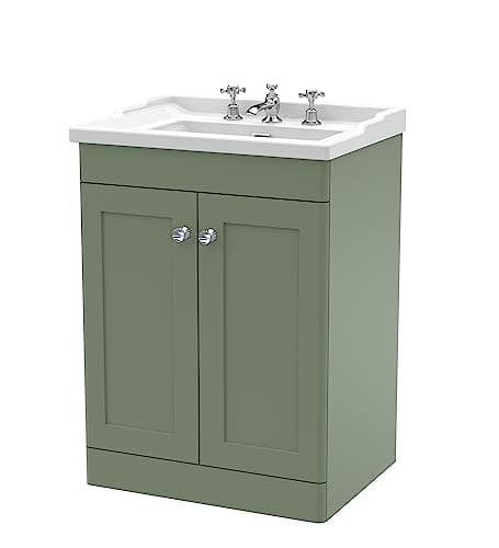 Image of nuie CLC825G Classique Floor Standing 2 Door Vanity Unit & 3 Tap Hole Ceramic Basin, 600mm, Satin Green