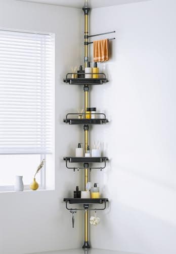 Image of WSBArt Upgrade Sturdy Shower Caddy Tension Pole Black and Gold Corner Shower Caddy 18/8 Stainless Steel Rustproof 4 Tier Adjustable Shelves for Bathtub Shampoo Accessories Storage Rack 32-122inch