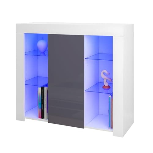 Image of Panana Sideboard Cupboard Unit 4 Glass Shelves Cabinet RGB LED Lighted (Gray)
