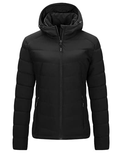 Image of Outdoor Ventures Women's Winter Puffer Jacket Quilted Padded Coat Transitional Insulated Hooded Jackets Windproof Outerwear for Hiking Travel Skiing Black XS