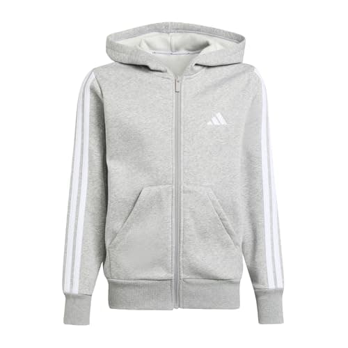 Image of adidas Unisex Kids ESSENTIALS FULL ZIP HOODIE, medium grey heather/white, 11-12 Years