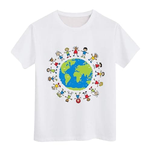 Image of T Shirt for Boys Short Sleeve Earth Cartoon Printed Kids T Shirt Loose Fit Lightweight Breathable Summer Soft Cotton Basic Tee Tops Daily Casual Comfort Outdoor Sportswear,White,9 Years