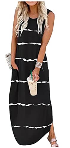 Image of Women's Casual Loose Pocket Long Dress Summer Sleeveless Maxi Dresses Beach Vintage Striped Printed Dress Simple Dresses(Stripe Black, Medium), Stripe Black, Medium