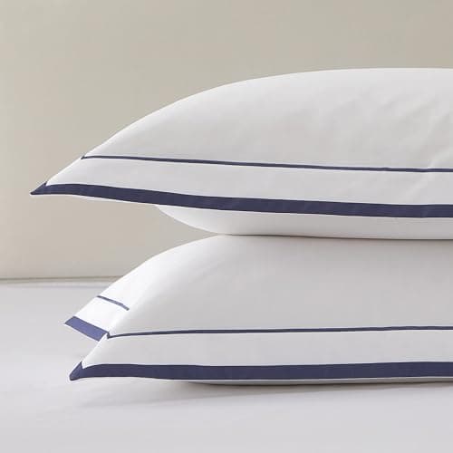 Image of White Pillow Cases 2 Pack Queen Size, 100% Cotton Oxford Pillow Cases with Navy Border, 400 Thread Count Pillowcases, Soft Smooth Breathable Pillow Shams for Bedding, 50x75CM