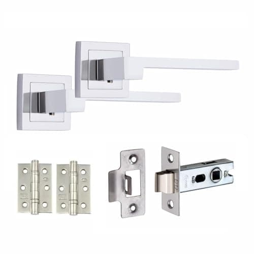 Image of Golden Grace Zeta Premium Design Door Handles on Square Rose in Polished Chrome Finish with 2.5" Latch & 1 Pair of Ball Bearing Hinges - 1 Pair
