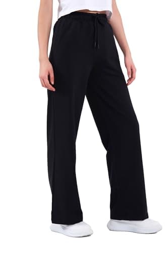 Image of COMEOR Women's Jogging Bottoms, Thin Lightweight Breathable Cotton Straight Leg Joggers, Ladies Sports Yoga Trousers, Long Training Pants, Loose Sweatpants with Elastic Waist Drawstring Black